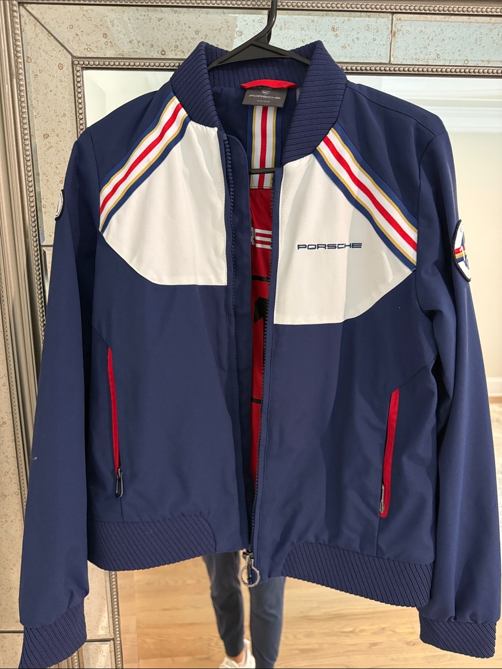 Porsche Design Navy Bomber Jacket with White Panels and Multicolor Stripes